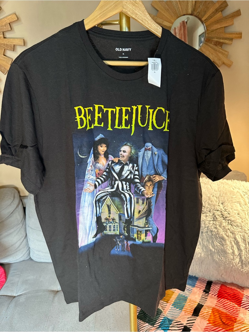 Old Navy Black Beetlejuice Graphic T-Shirt Tee with Yellow Logo